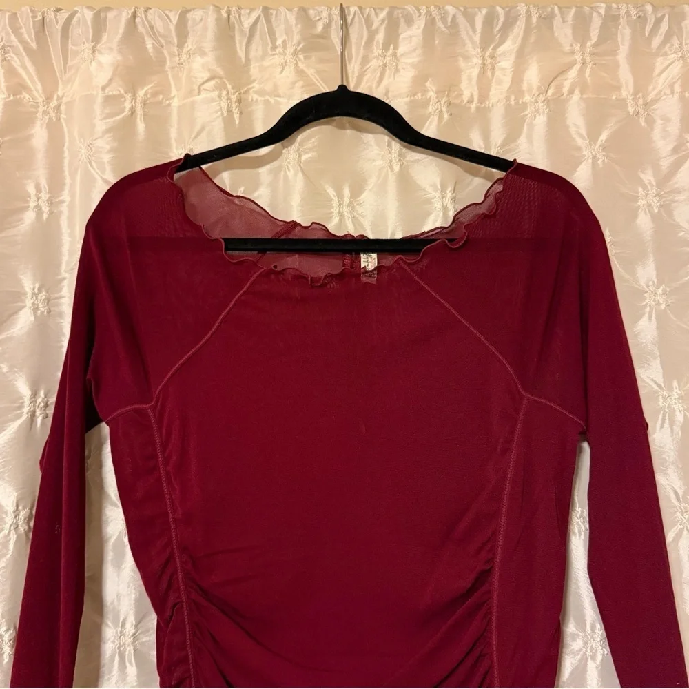 Free People Deep Red Ruched Long Sleeve Sheer Mesh Bodysuit Burgundy